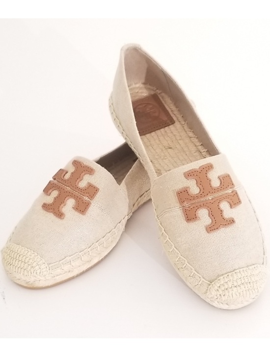 Tory Burch Shoes - Tory Burch Beige Canvas Weston Espadrille Flats with Tan Logo